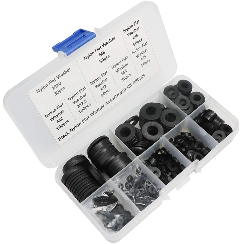 480 Pcs Nylon Flat Round Washers Gaskets Spacers Assortment Set for Screw Bolt(Black) | Обустройство дома