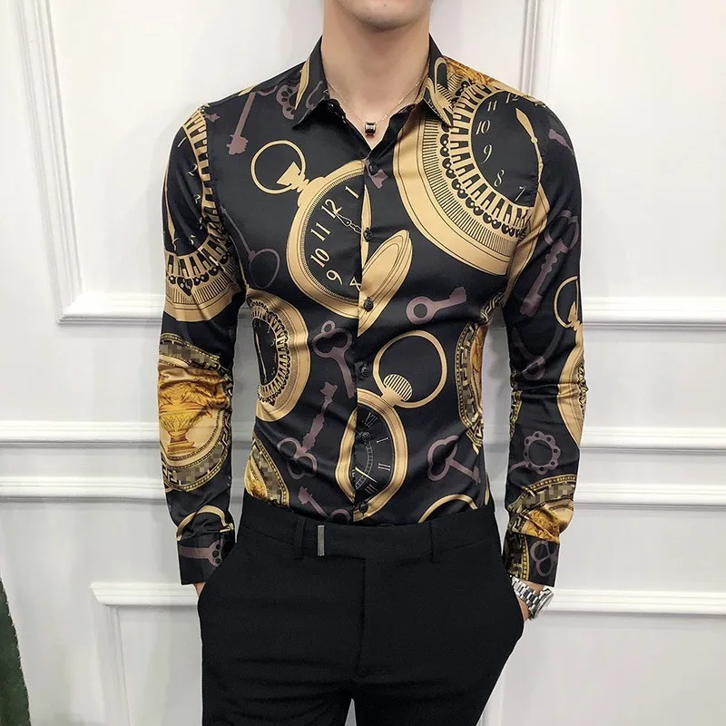 

Casual Shirt Men Long Sleeve Gold Shirt 2019 Korean Dress Slim Fit Luxury Tuxedo Shirts Fashion Night Club Work Social Shirt 6XL
