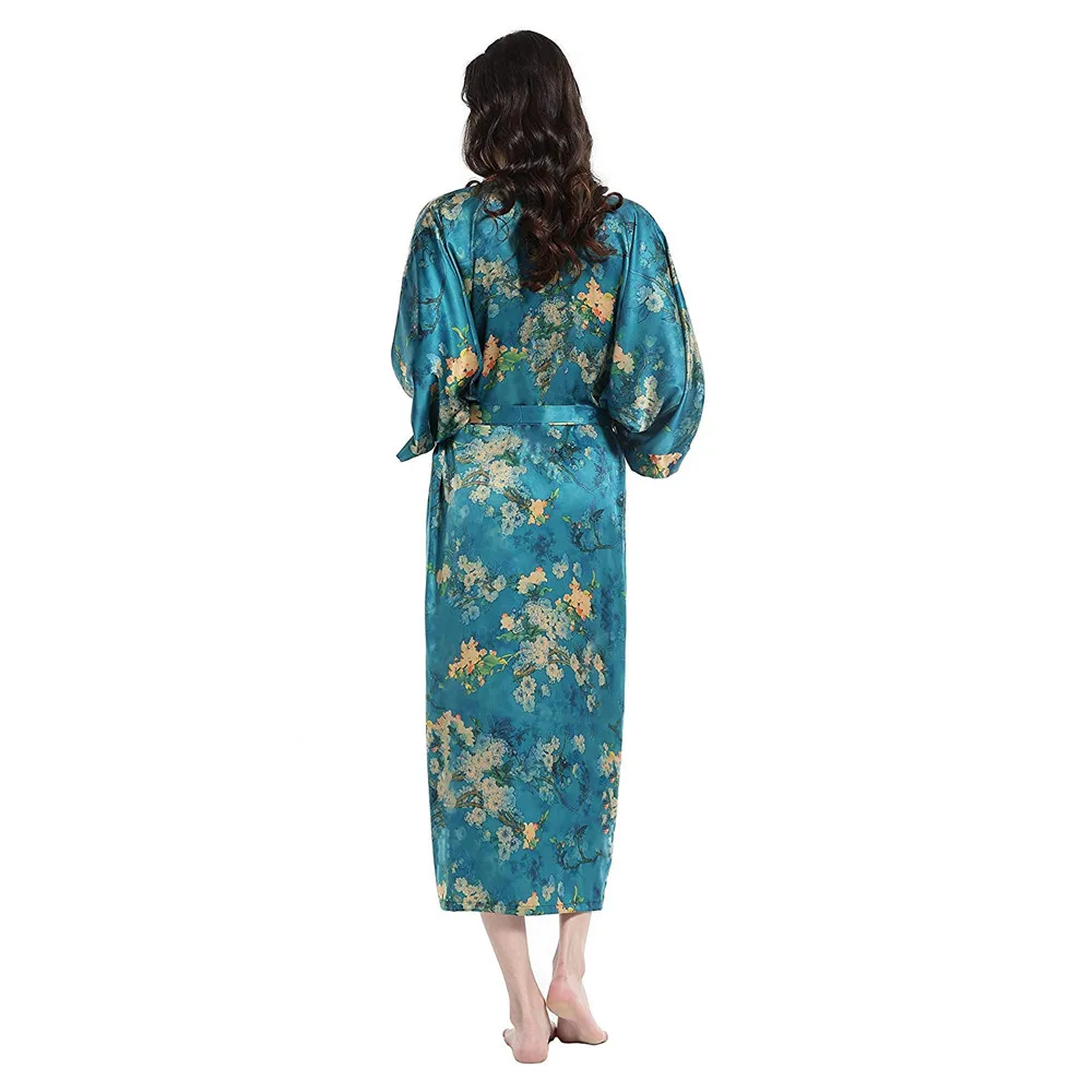 

Vestido de Cetim de Seda Quimono azul roupa de Dormir Feminina Sleepwear Novo Home Wear Sexy Lingerie Longo De Banho De Banho