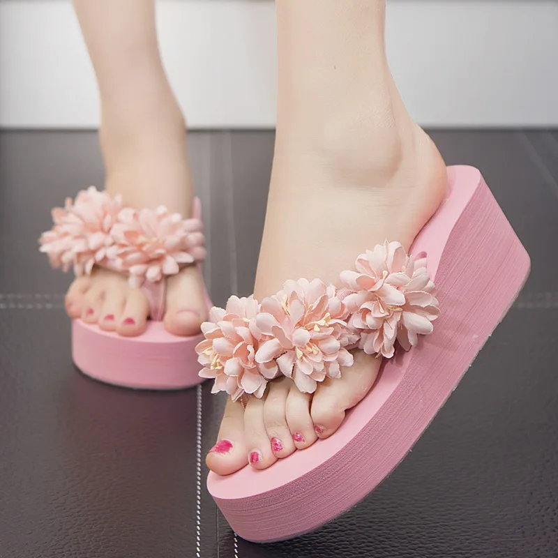 

11cm High Heel Women's Summer New Handmade Flower Flip Flops Women's Thick Bottom Non-slip Beach Shoes Angle High Heel Slippers