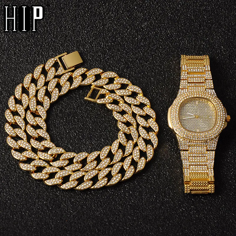 15 мм ожерелье + часы браслет хип хоп МАЙАМИ Снаряженная кубинская цепочка золотые