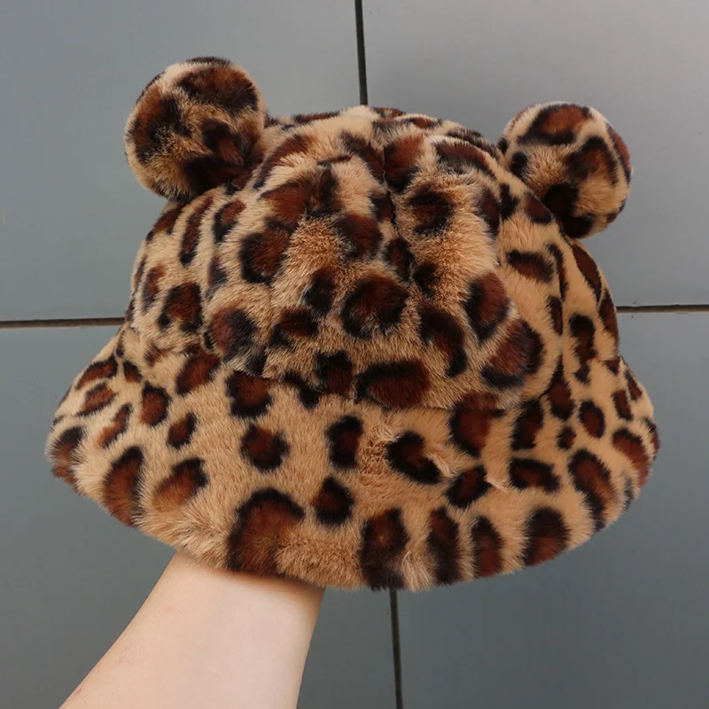 

Fashion Autumn Winter Leopard Fur Bucket Hat Bear Ear Ball Plush Fisherman Hat Soft Warm Thick Basin Hat Protection Bucket Hats