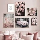 Картина на холсте для девочек, спальни, розовая роза, автомобиль, вилла, настенная живопись, скандинавские плакаты и принты, настенные картины для декора гостиной