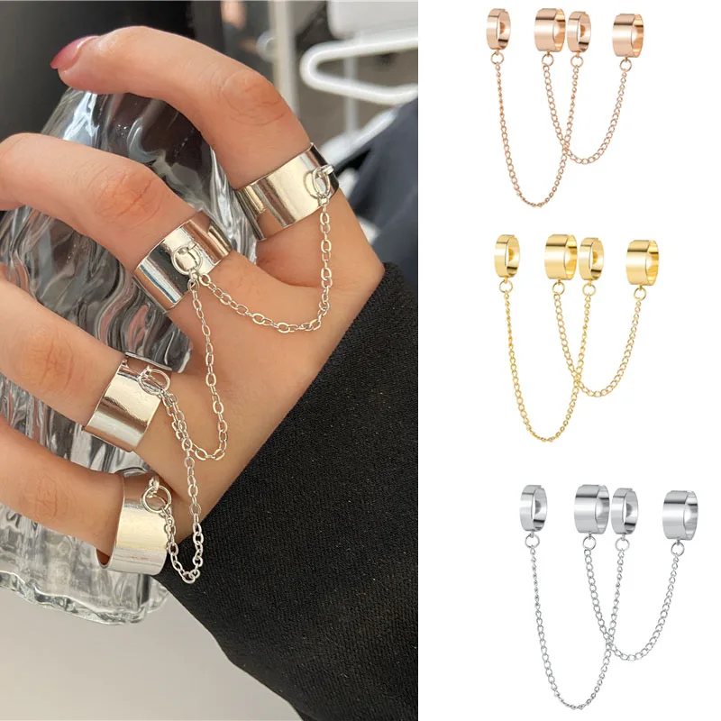 

Popular Punk Cool Hip Hop Chain Rings Multi-layer Adjustable Open Finger Rings Set Alloy Man Rings for Women Party Jewelry