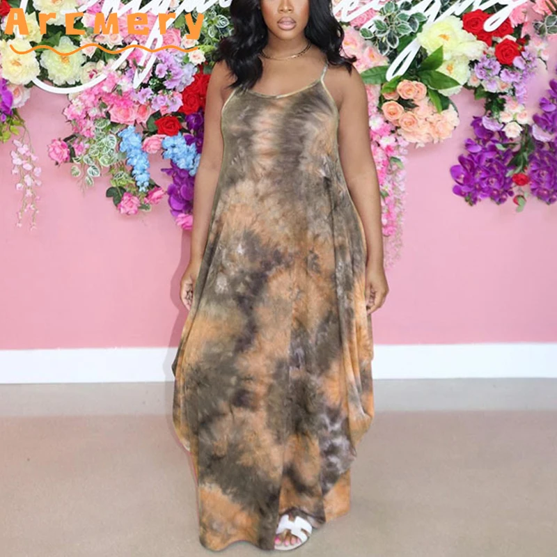 

Women Spaghetti Strap Tie Dye Printed Sleeveless Maxi Loose Dress