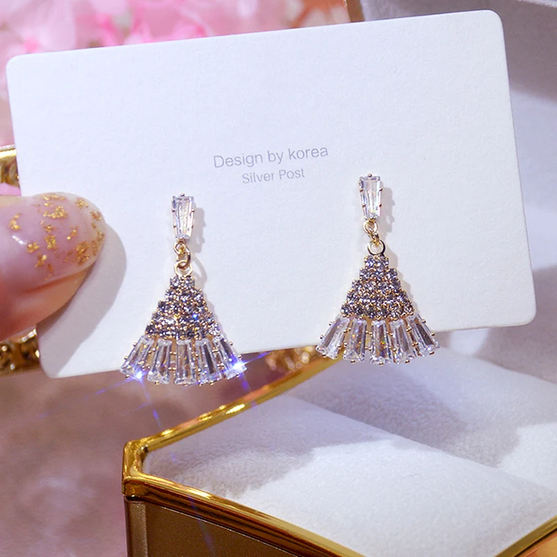 

New Trend 14K Real Gold Plated Fan Shape Flash Drilling Drop Earrings for Women Jewelry AAA Zircon S925 Silver Needle Party Gift