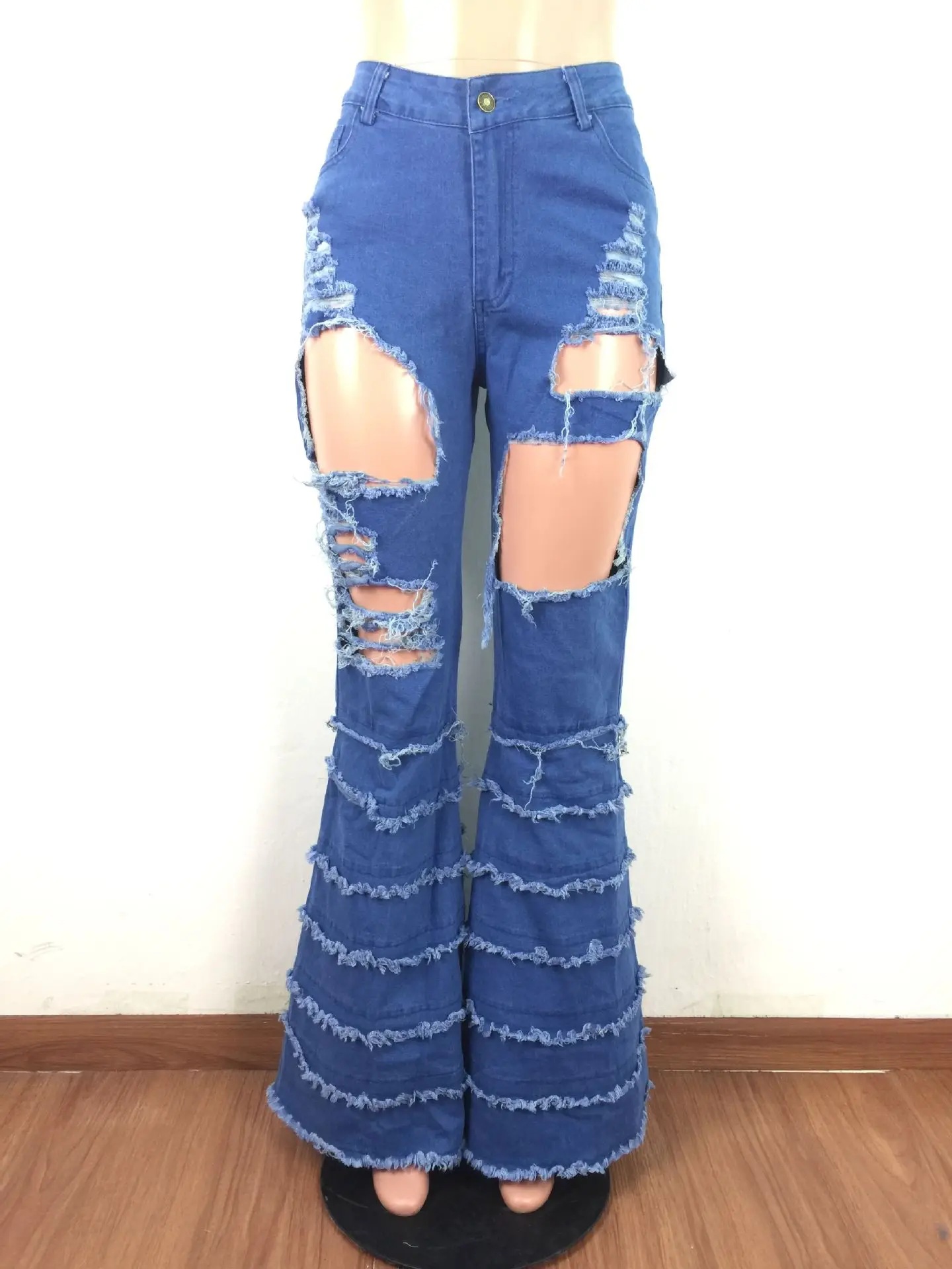 Autumn Women Multilayer Stacked Flare Pants Sexy Hollow Out Ripped Hole Tassel Stretch Distressed Jeans Woman Skinny Blue Jeans