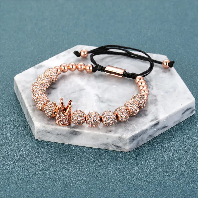

Women Men Bracelet Jewelry Cubic Micro Pave CZ Crown Charm & 8mm Round Copper Beads Braided Macrame Bracelet pulseira feminina