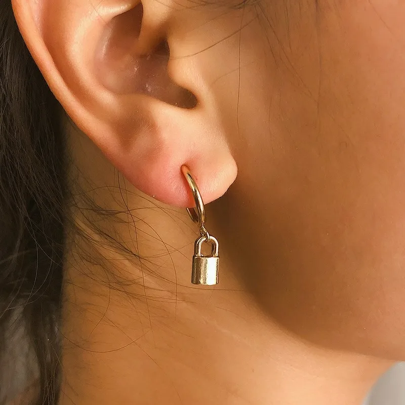

Abayabay Lovers Earring Lock Stud Drop Earrings Women Gold Color Cute Girls Trendy Small Alloy Jewelry Brincos Aretes De Mujer