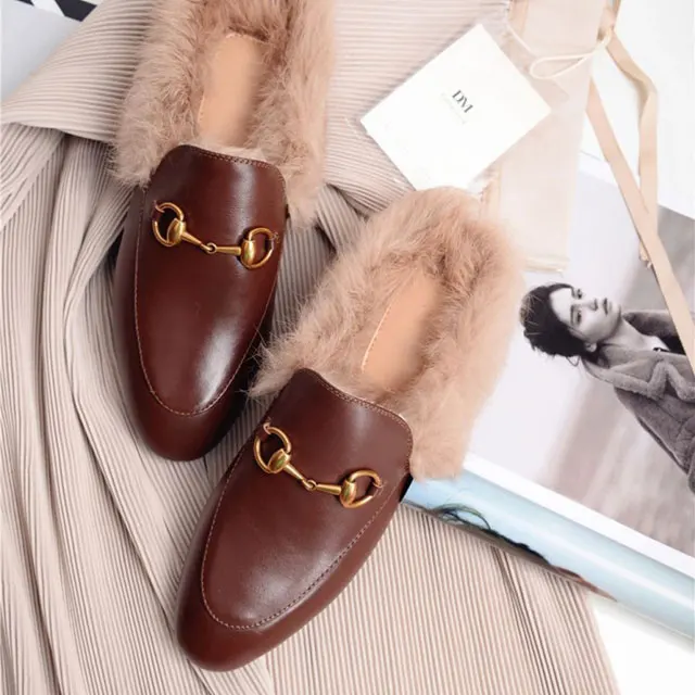 Fur Coffee Leather VISI HOP/ г.; модные Настоящий мех кролика; Шлепанцы из натуральной кожи; женские пушистые тапочки; зимняя теплая обувь - Цвет: Fur Coffee Leather