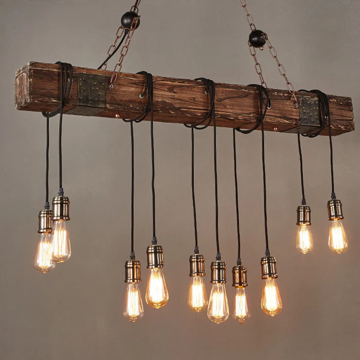 Hanging Antique Farmhouse Wood Beam Island with 10 Edison Bulb Home Kitchen Restaurant Decorations