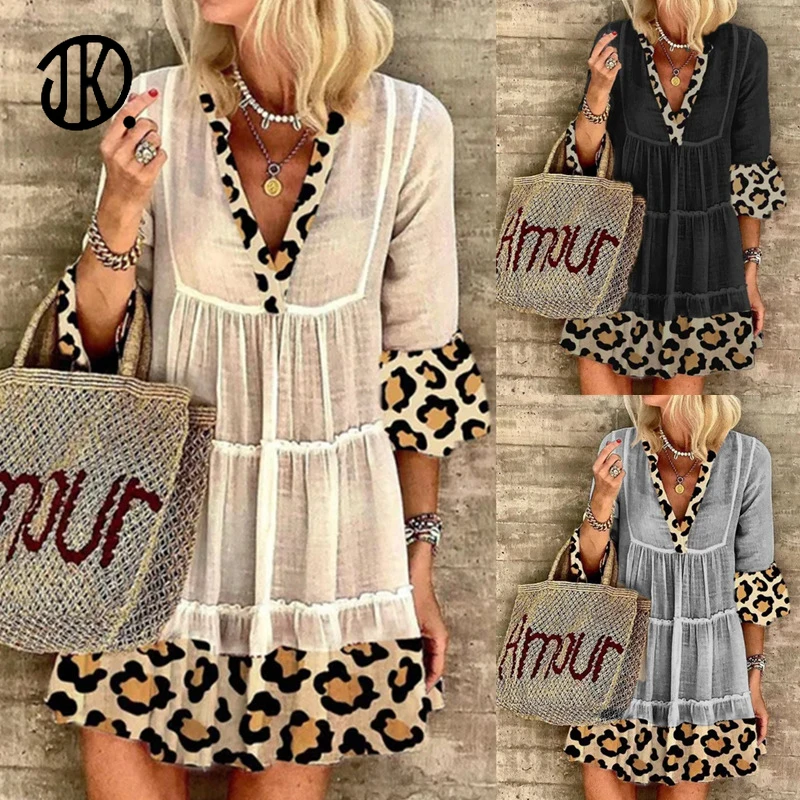 

2021 Ladies Leopard Stitching Dress Beach Cotton And Linen Loose Mini Dresses Summer Half Sleeved Plus Size Vestidos Femme 3XL