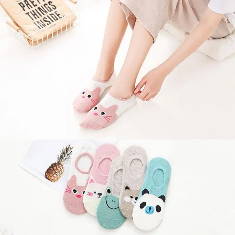 

5 Pairs Women Boat Socks Korean Cute Animal Ankle Sock Shallow Mouth Low Side Invisibility Breathable Soft Women Socks Sets 2021