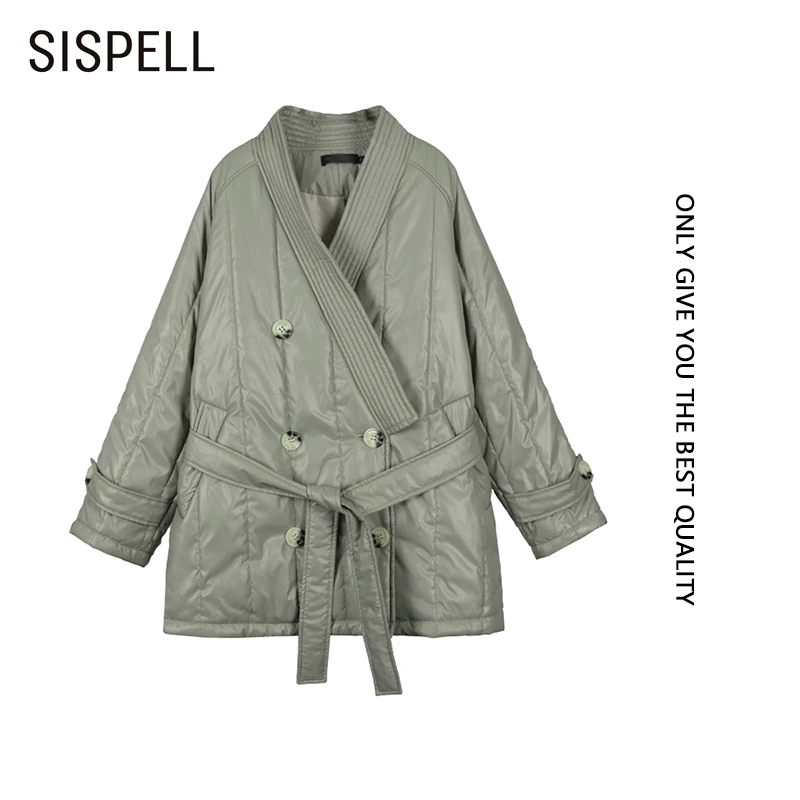 

Женский пуховик с бантом SISPELL, однотонный пуховик с V-образным вырезом, длинным рукавом и высокой талией, теплая Повседневная куртка для поху...