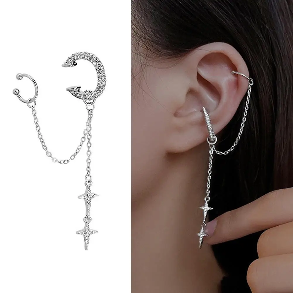 

Star Ear Clips Earrings Link Chain Cubic Zircon Ear Jewelry For Women Fashion Tassel Ear Clip For Women Ear Cuffs Cool Jewelry