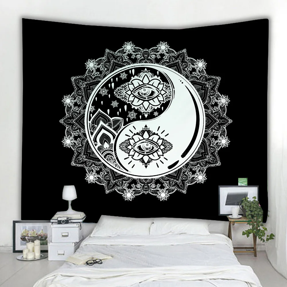 Белый черный гобелен с изображением Солнца и Луны мандалы настенный подвесной в