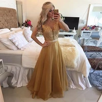 chiffon beaded prom dresses a line lace applique sheer back sleeveless o neck floor length champagne wedding evening gown formal