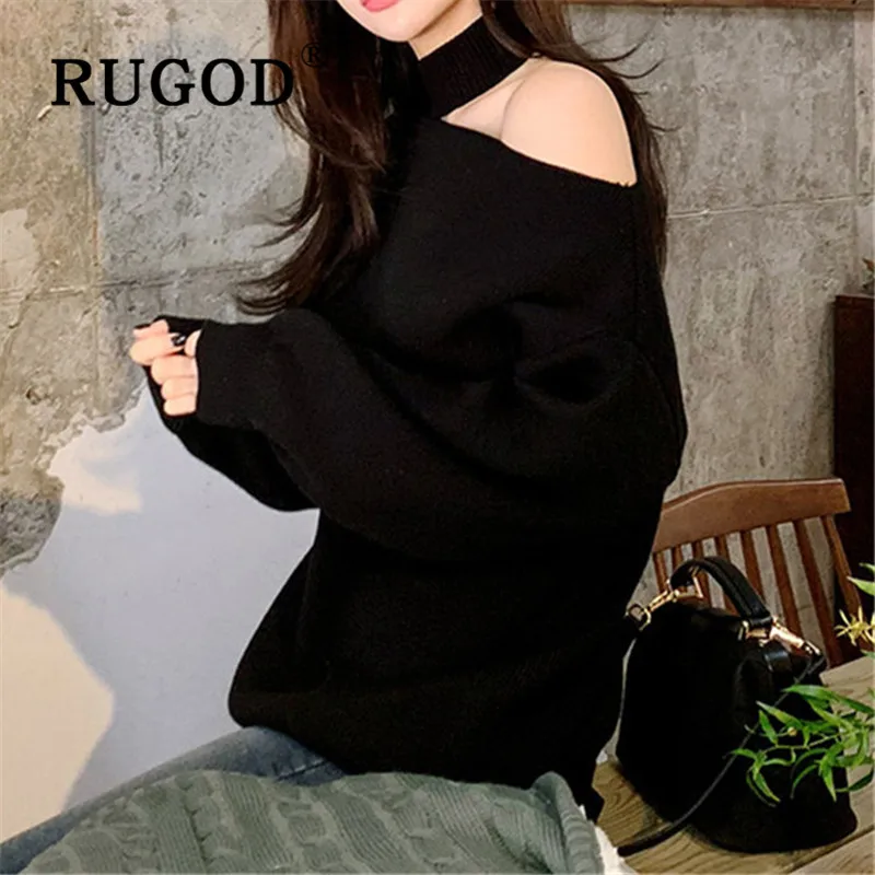 RUGOD New autumn korean chic sweater pullovers o neck off-shoulder solid knit pull fashion female elegant temperament tops