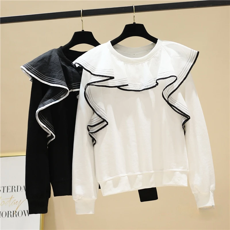 

Three-Dimensional Ruffled Stitching Crew Neck Pullover Sweatshirt Women's Fashion Loose All-Matching Pullover Hoodie Top