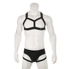 Мужское нижнее белье Ice Silk трусы с лямкой на шее для ночного клуба вечерние Открытые Сексуальные костюмы для сна нагрудный ремень для тела мышцы бондаж Комплект черного цвета