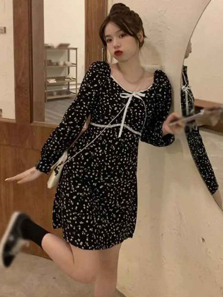 

Women'S Early Autumn New Style Korean Fashion French Sweet High-Waist Slim-Fit Square Collar Long-Sleeved Floral Short Dress