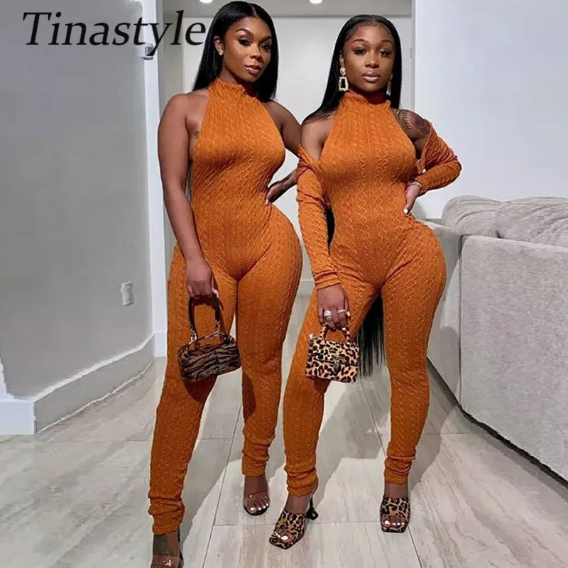 

Tinastyle RIb Knitted 2 Piece Set Jumpsuits For Women 2020 Sleeveless O-Neck Skinny Jumpsuit Casual Solid Acitve Wear Overalls