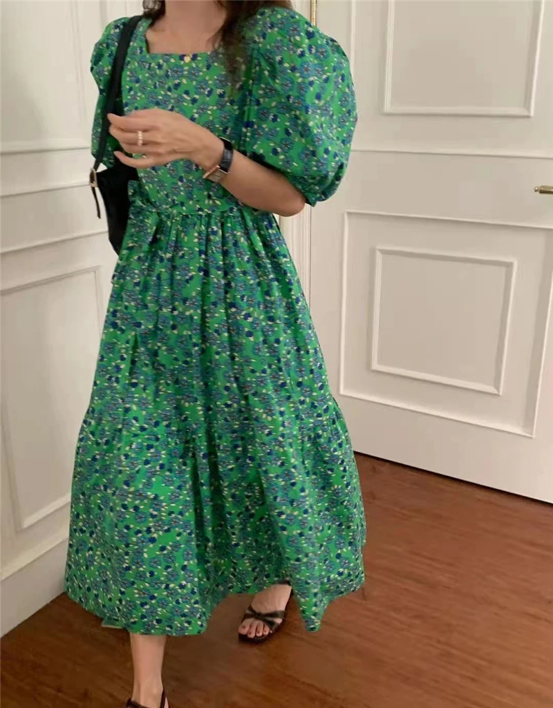 

WTIANYUW Women Dress 2021 Korean Fashion Chic Summer Green Flower Square Neck Lace Up Waist Loose Ruffle Dresses Long Vestdos