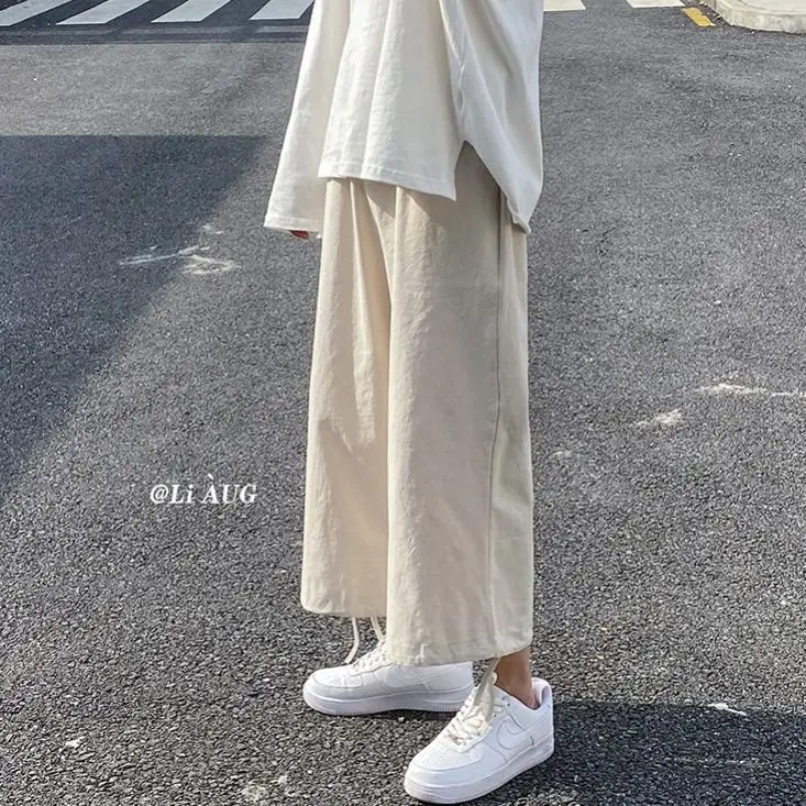 

Wide leg pants men's summer Japanese straight cotton linen pants thin lantern pants loose linen casual Capris for men and women