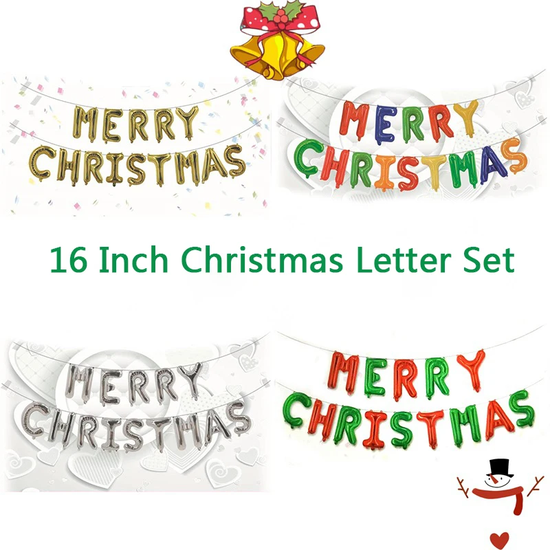

16 Inch Merry Christmas English Alphabet Balloons Gold Silver Color Aluminum Film Background Window Christmas Themed Balloons