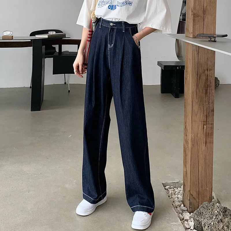 Женские джинсовые брюки с высокой талией и широкими штанинами модные