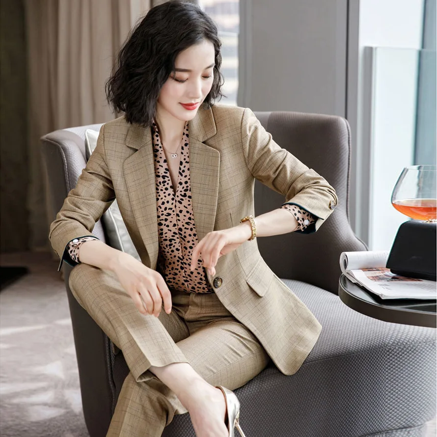 Office Professional Women's Suits High Quality Elegant Casual Autumn and Winter Ladies Plaid Jacket Fashion Trousers Two-piece
