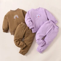 child casual sets pullover tops boys girls 2 piece elastic waist knit springautumn solid cotton long sleeve embroidered o neck