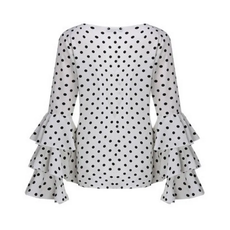 

JODIMITTY Fashion Dot Print Flare Sleeve Women Blusa O-neck Long Sleeve Chiffon Shirts Ladies Tops Korean White Black Blouse 5XL