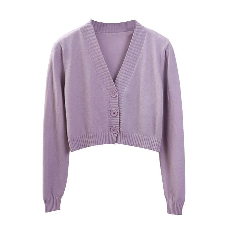 

Women's Cropped Cardigan Sweaters Female Black White Short Sweater V Neck Single Breasted Sweater Woman Knitted Cardigan