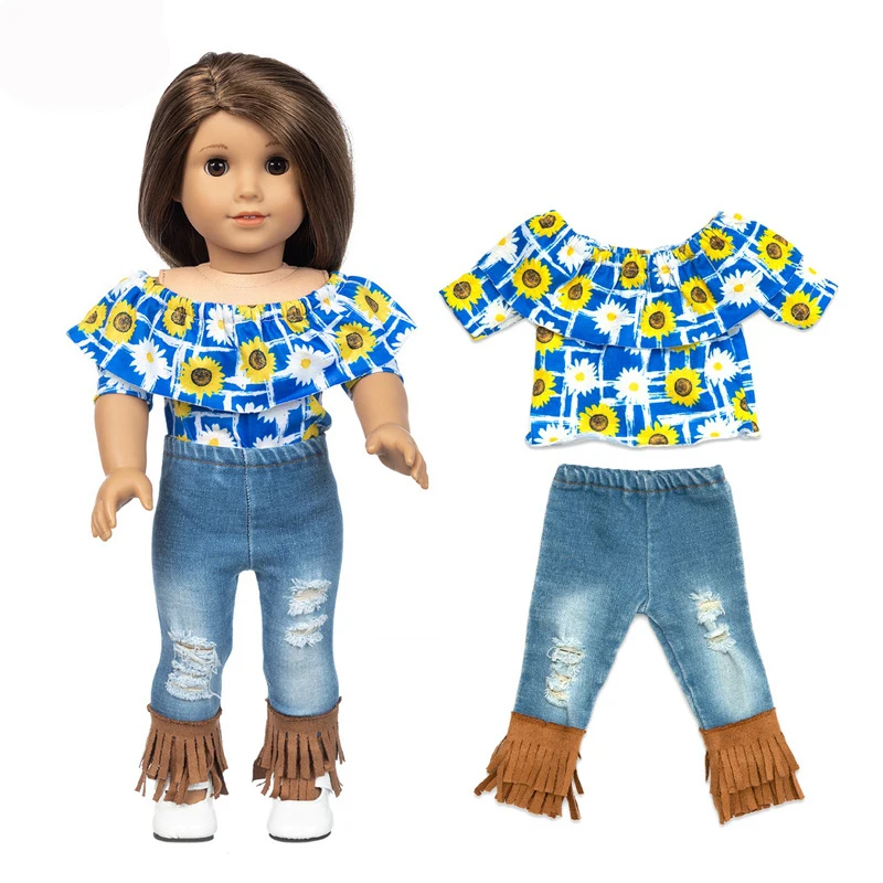 Набор из двух предметов: футболка с изображением подсолнуха и джинсы с кисточками для куклы новорожденного ребенка длиной 43 см (американская кукла Girl 18 дюймов) - аксессуары для одежды.