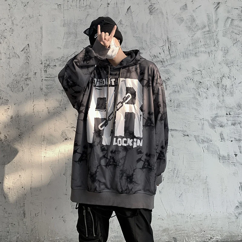 

High Street Men's Tie Dyed Camouflage Hoodie 2021 Autumn Couple Loose Fashion Coat Letter Printed Top