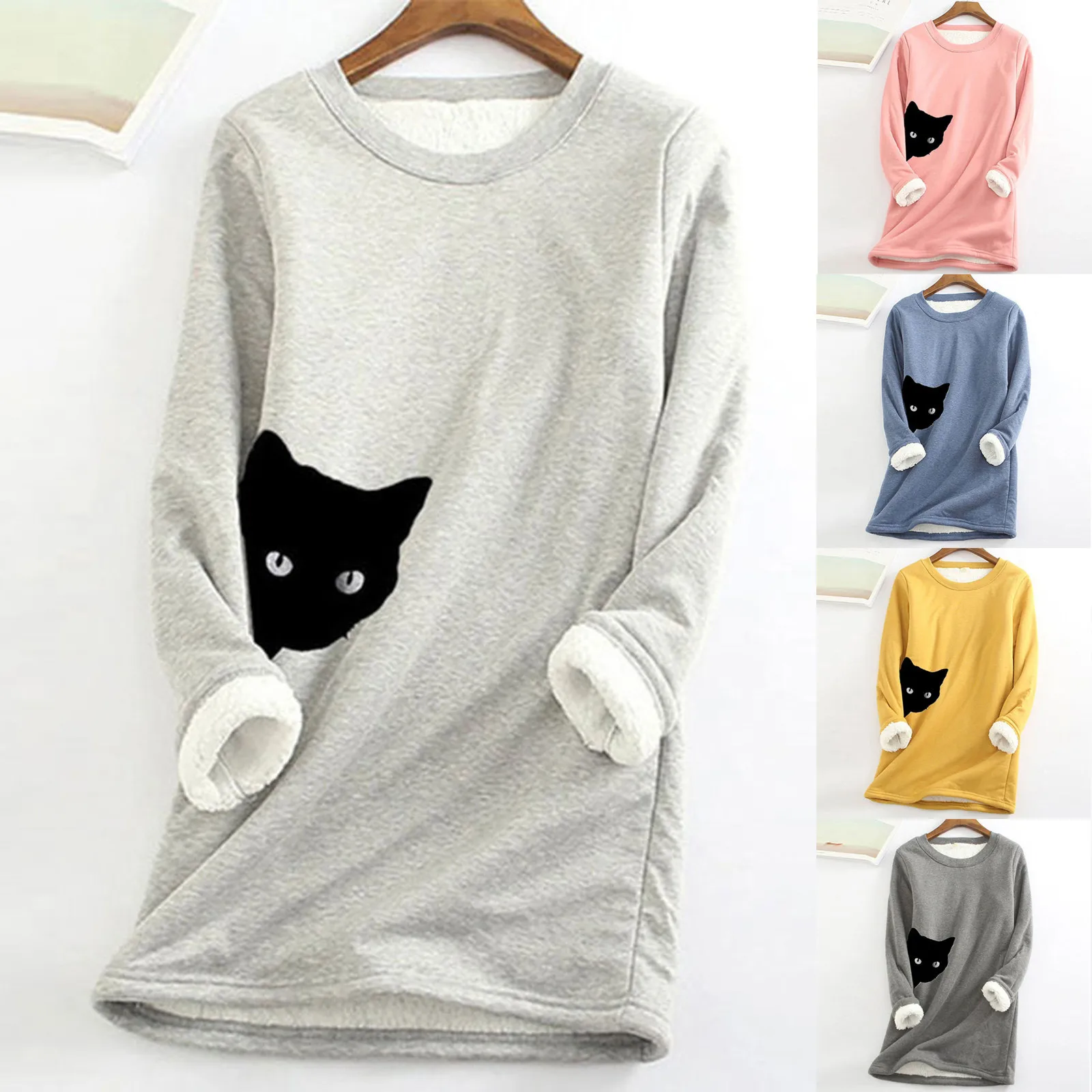 2020 зимняя женская толстая флисовая толстовка бархатная теплая кошачья печать с