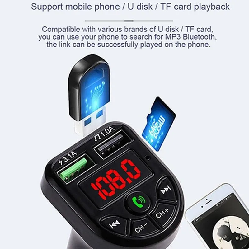 

Black FM Transmitter Bluetooth-compatible Car Kit LED Display Dual USB Car Charger 2 USB MP3 Music Player TF/U Disk