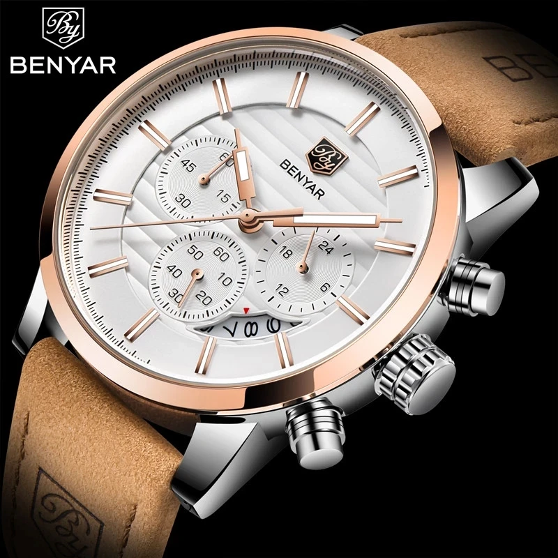 

BENYAR Design 2021 New Top Fashion Sport Quartz Watches Men's Multi-Functional Waterproof Premium Leather Calendar Watch Relogio