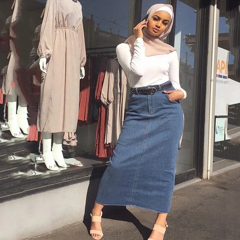 

High Waist Muslim Skirt Denim Long Stretch Islamic Denim Skirts Womens Musulmane Femme Abayas Dubai Turkey Arabic Maxi Skirts