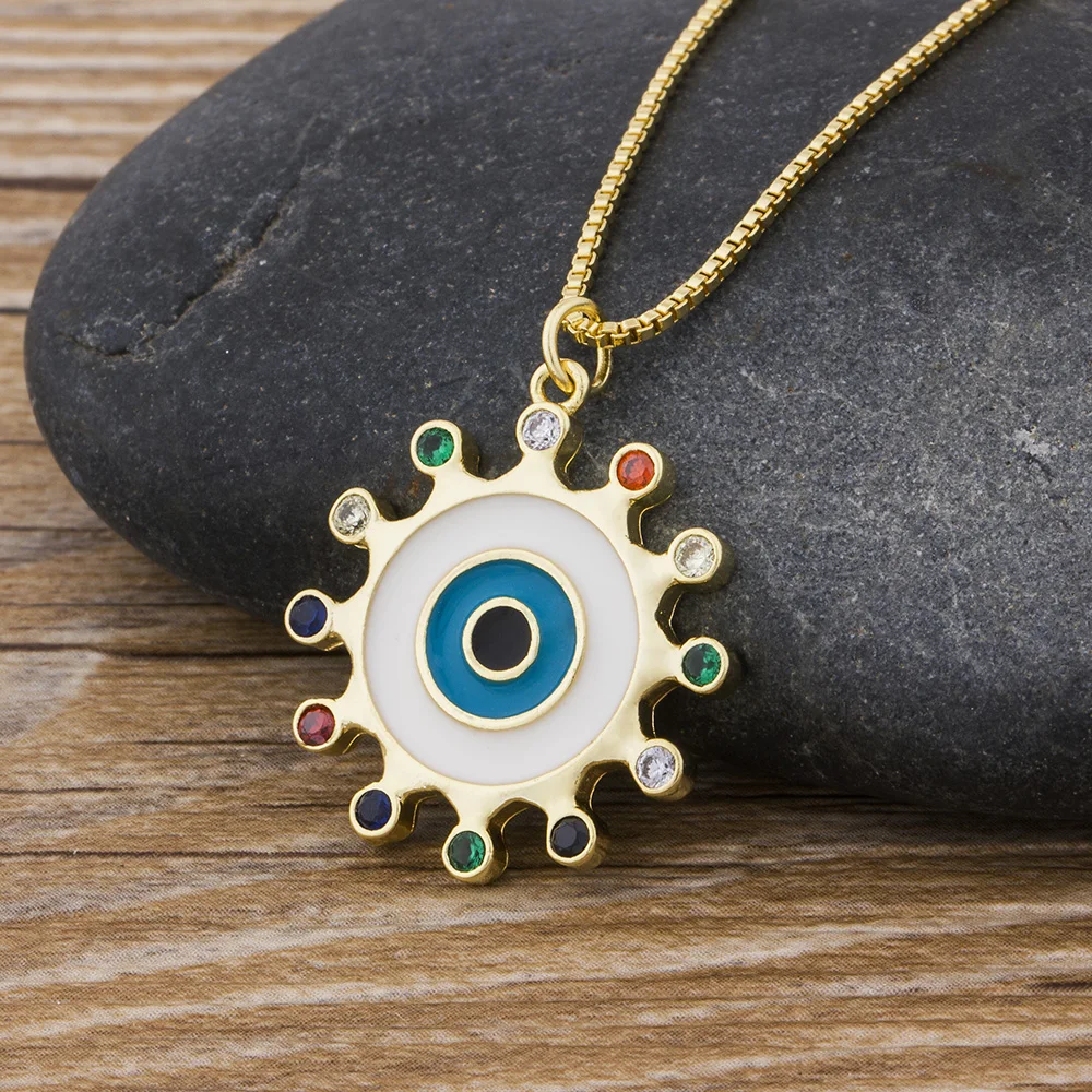 

Top Quality Copper Zircon Turkish Evil Eye Pendant Necklace Charm Round Sun Flower Necklaces For Women Party Wedding Jewelry