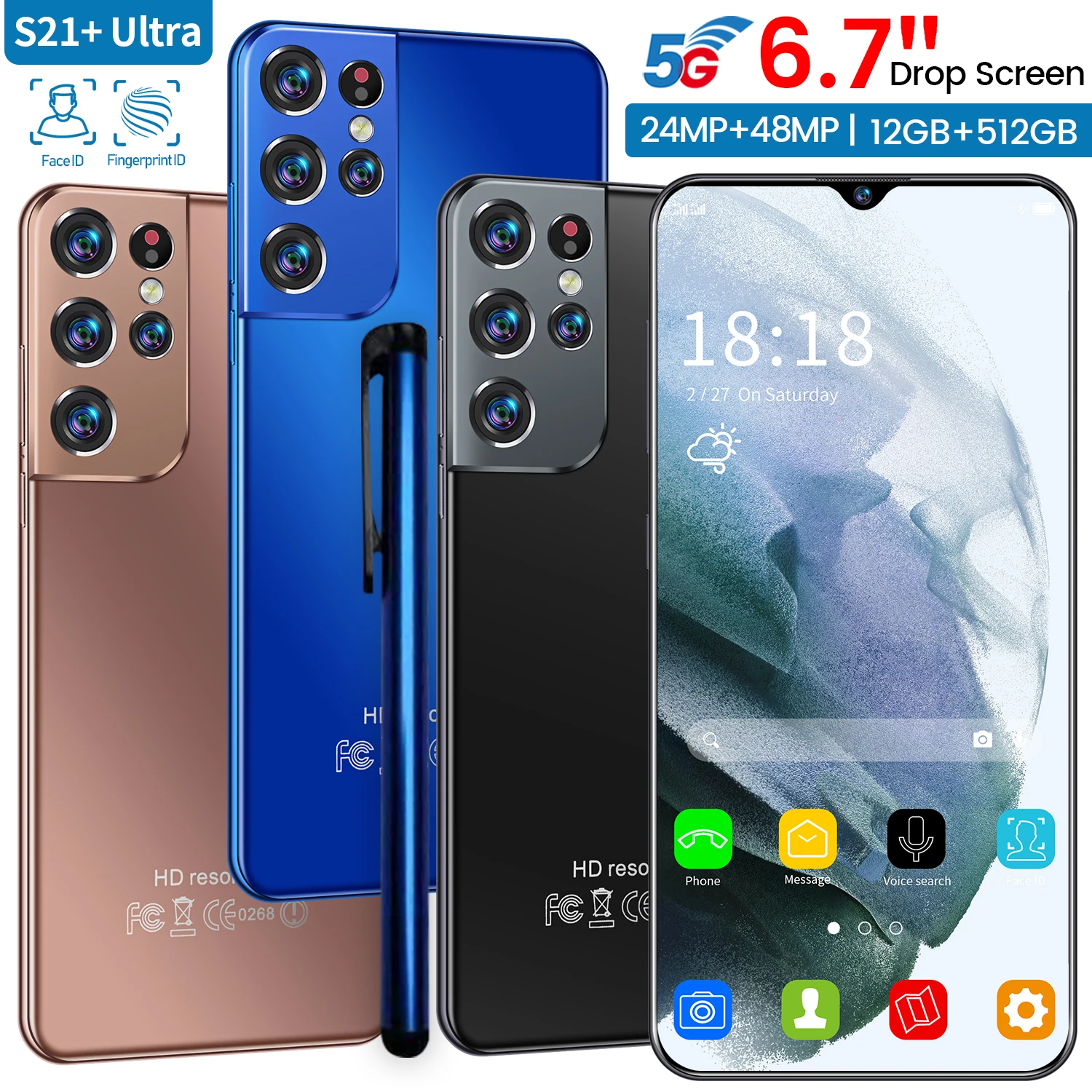 

Global Version 6.7inch S21+Ultra Smartphone 6500mAh 12+512G 10Core Smartphone 24+48MP With E-pen Unlocked Full Screen Cellphone