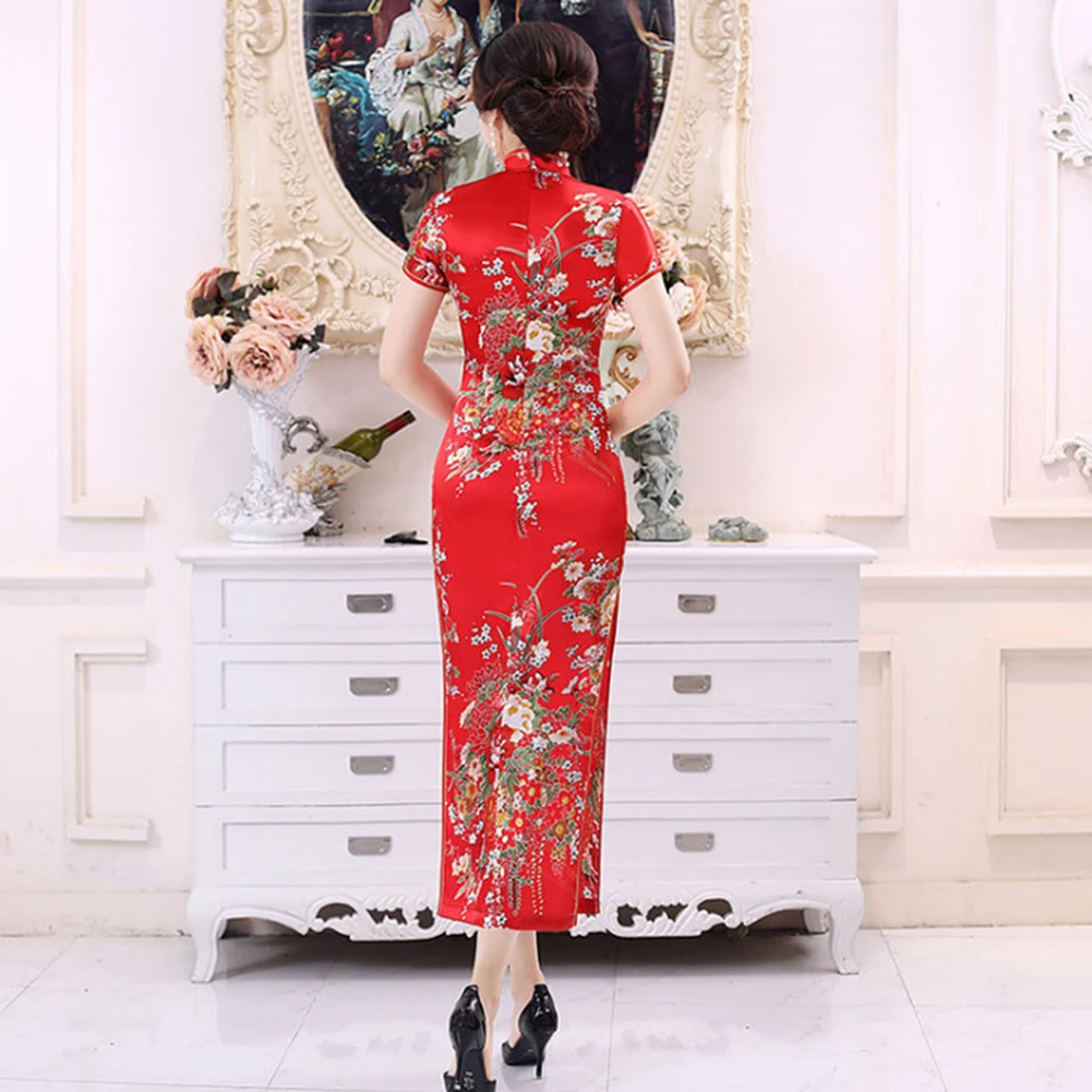 

Chinese Traditional Dress Flower Print Elegant Short Sleeve Cheongsam Stand Collar Tight Bodycon Dress Cheongsam Women Dress2021