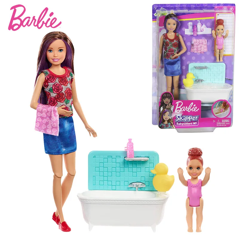 

Original Barbie Dolls Barbie Skipper Babysitters Inc Bathtime Playset Barbie Clothes With Accessories Girl Play House Toy FXH05