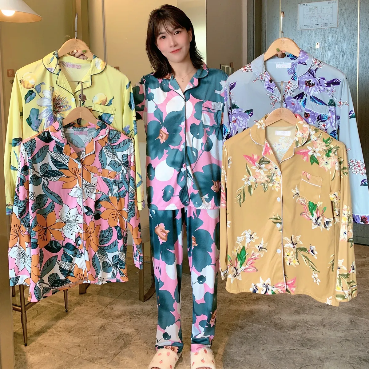 

Pajamas Spring Autumn New Pajamas Women's Cardigan Long-SleevedTrousers Ladies Floral Suits Casual Loose Home Wear Outer Wear