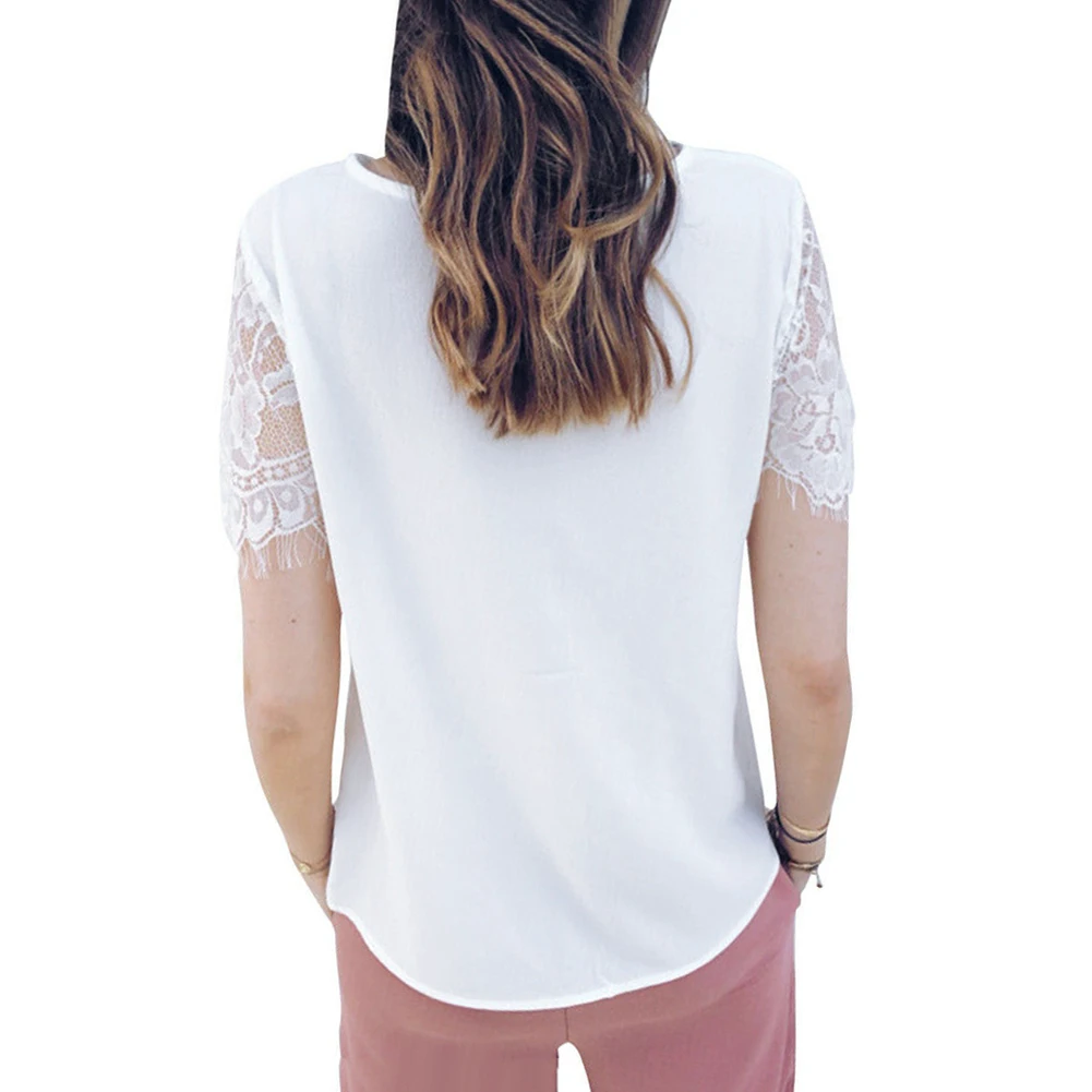 Сексуальная Женская кружевная свободная футболка с коротким рукавом и v-образным