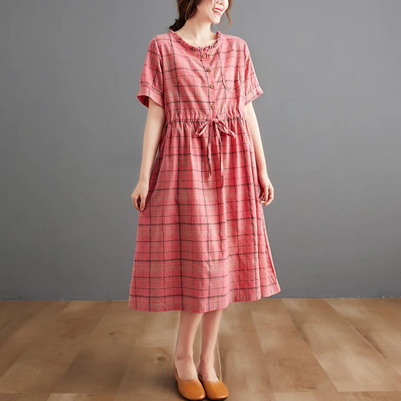 

Женское повседневное длинное платье, новинка 2020, простой стиль, винтажные клетчатые высококачественные хлопковые и льняные женские свобод...
