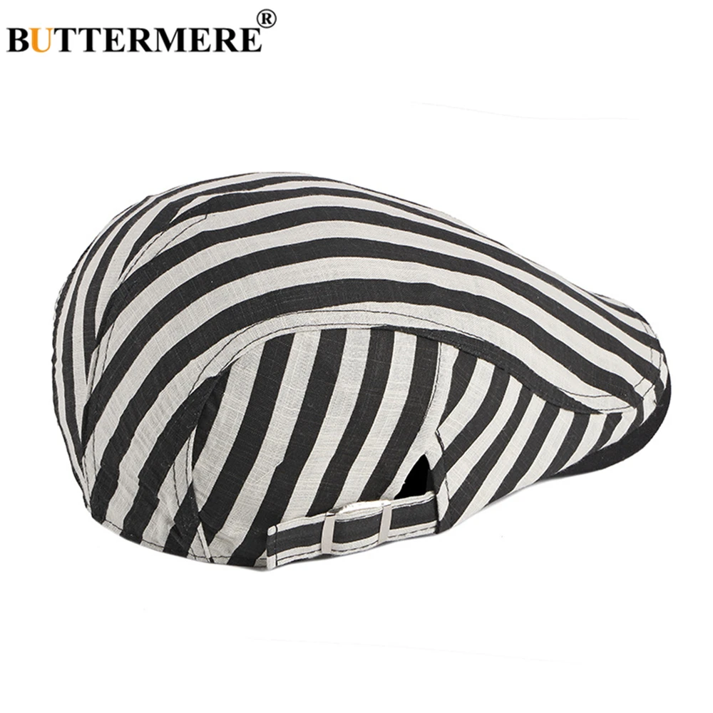 BUTTERMERE 100% Cotton Black White Striped Mens Berets Cabbie Vintage Flat Caps for Men Spring Summer Artist Hat