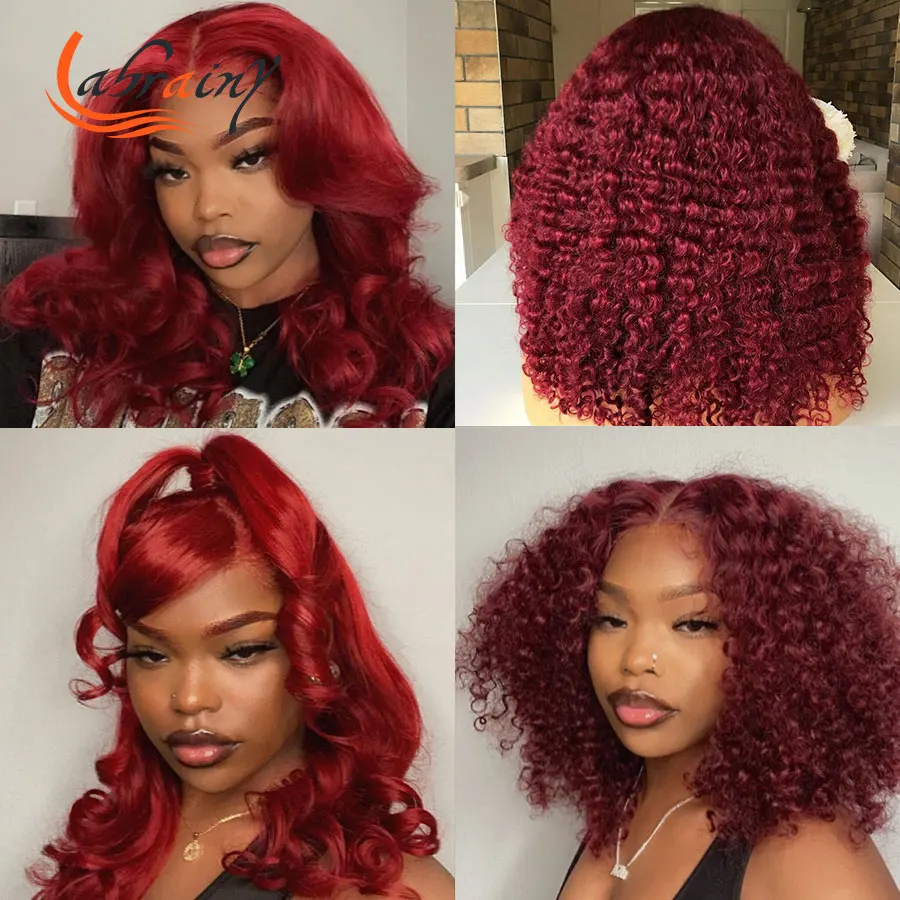 

13x4 Kinky Curl Burgundy Short Bob HD Lace Frontal Human Hair Wigs 99J Lace Front Wig Full Red Colored Pixie Cut Body Wave 13x6