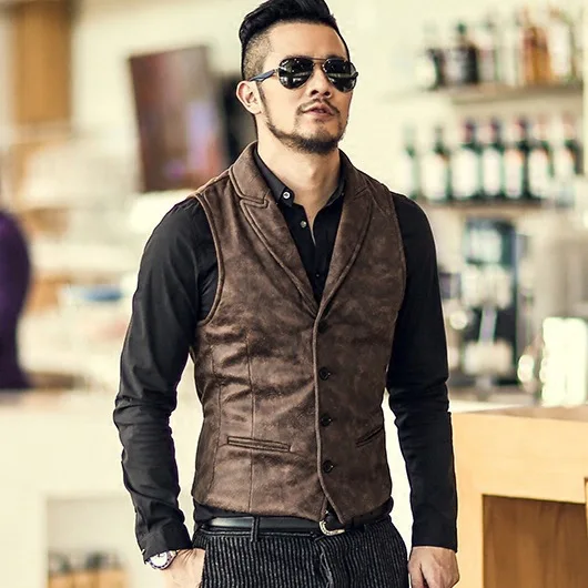 

Autumn Winter Fashion Suede Fabric Button Up Top Retro Vintage Sleeveless Jacket Men Medieval Cosplay Vest Plus Size Waistcoat
